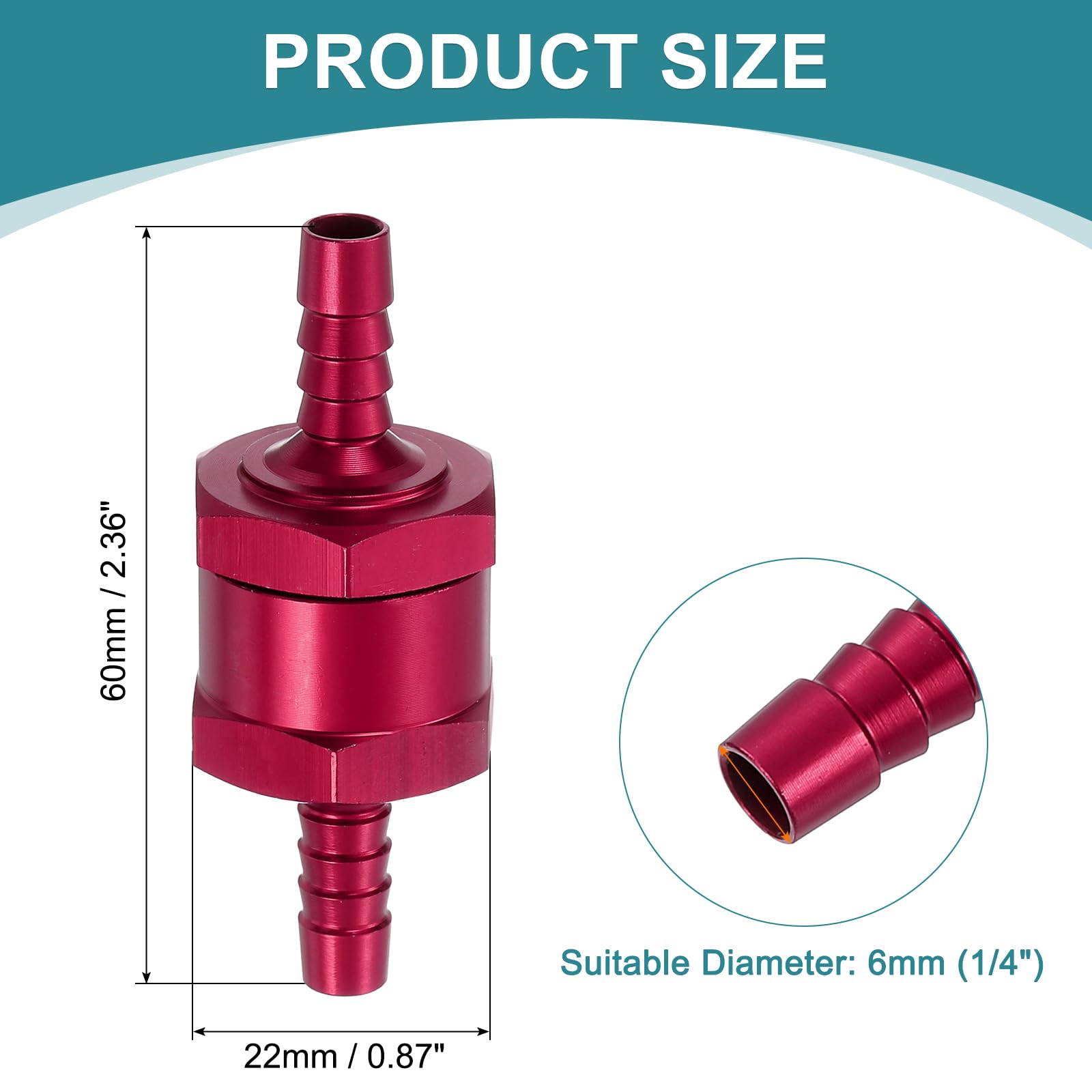 QUARKZMAN 6 mm (1/4") zawór zwrotny do paliwa, jednokierunkowy zawór zwrotny, stop aluminium, akcesoria sterujące do benzyny, oleju napędowego, gazu, oleju, powietrza, wody, czerwony