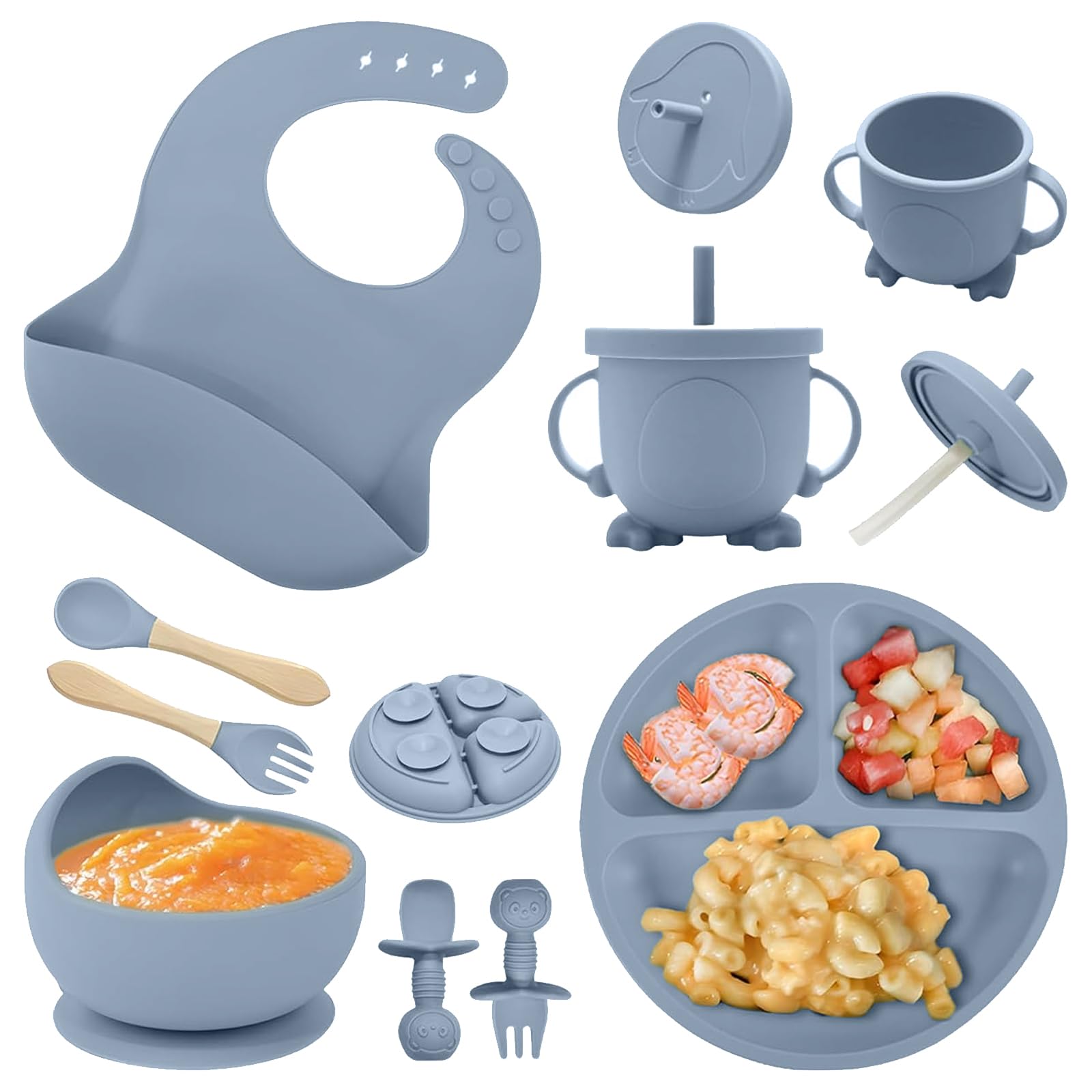 Vajilla Bebé de Silicona,8 piezas Vajilla Bebe(cuchara, tenedor, tazón, babero, vaso) | Cubiertos infantiles de alimentaria con diseño antideslizante Sin BPA, Apto para lavavajillas,azul.