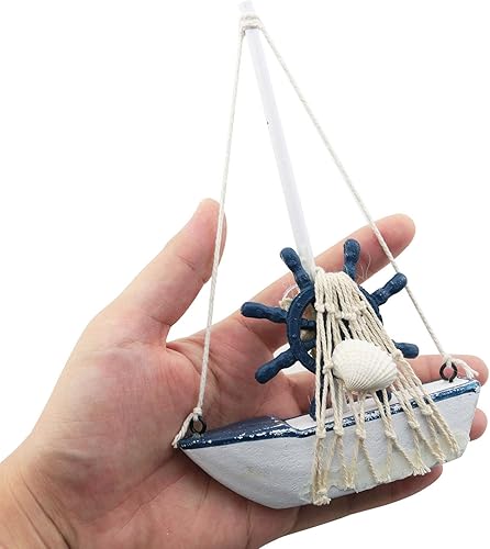 Miniatura 4 de 2 unids estilo mediterráneo velero 4.4x6.8 pulgadas mini velero modelo madera miniatura velero barco de vela decoración del hogar
