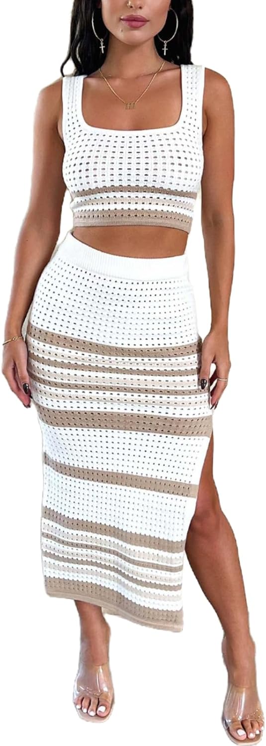 REASERAL Womens Summer Knit 2 Piece Outfits Hollow Tank Top Split Skirt Midi Skirts Vacation Sets