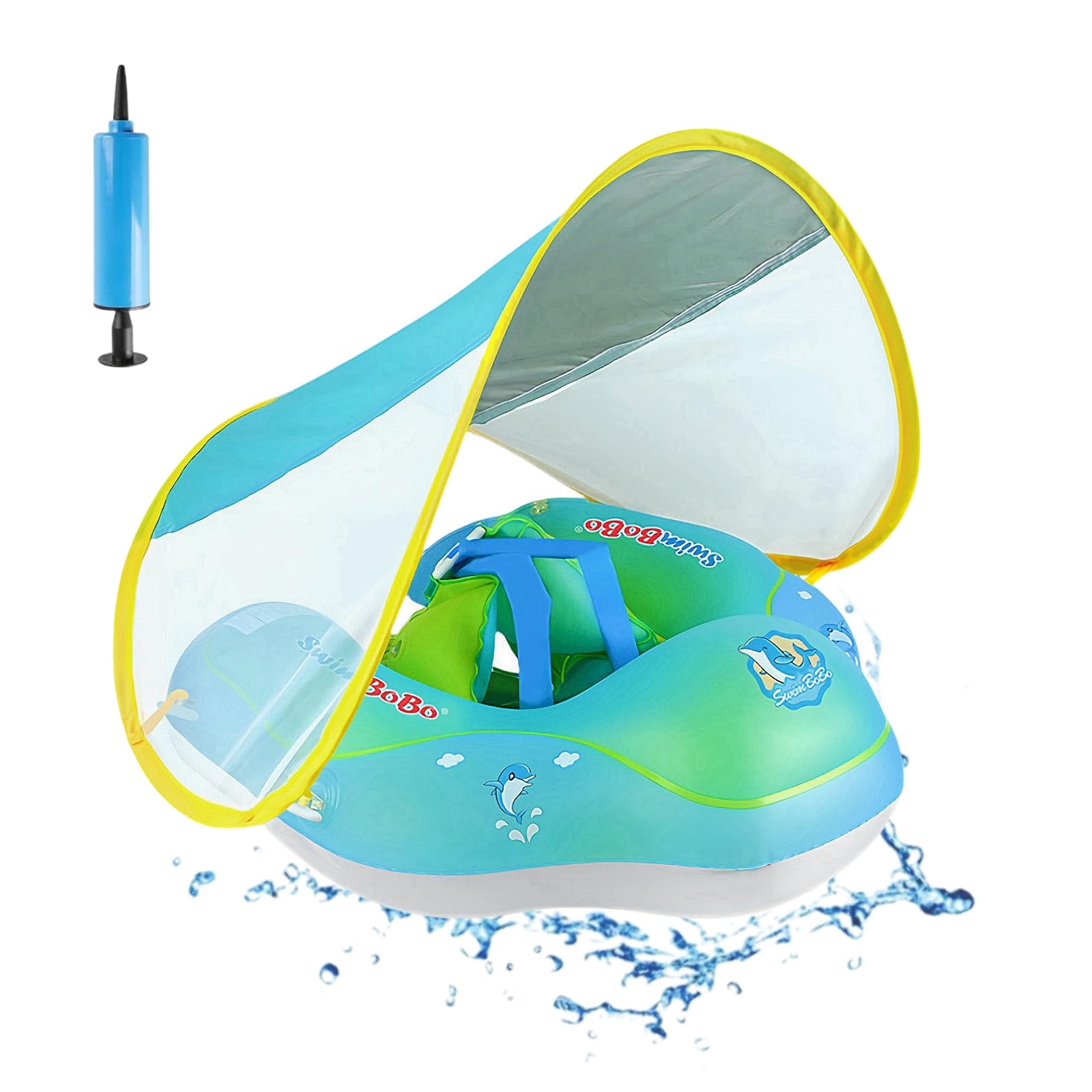 Lassuzie Flotador Bebe con Sombrilla, Flotadores Piscina Bebe con Bomba de Mano, Flotador de bebé Inflable, Flotador de Piscina para niños pequeños para 6-36 Meses