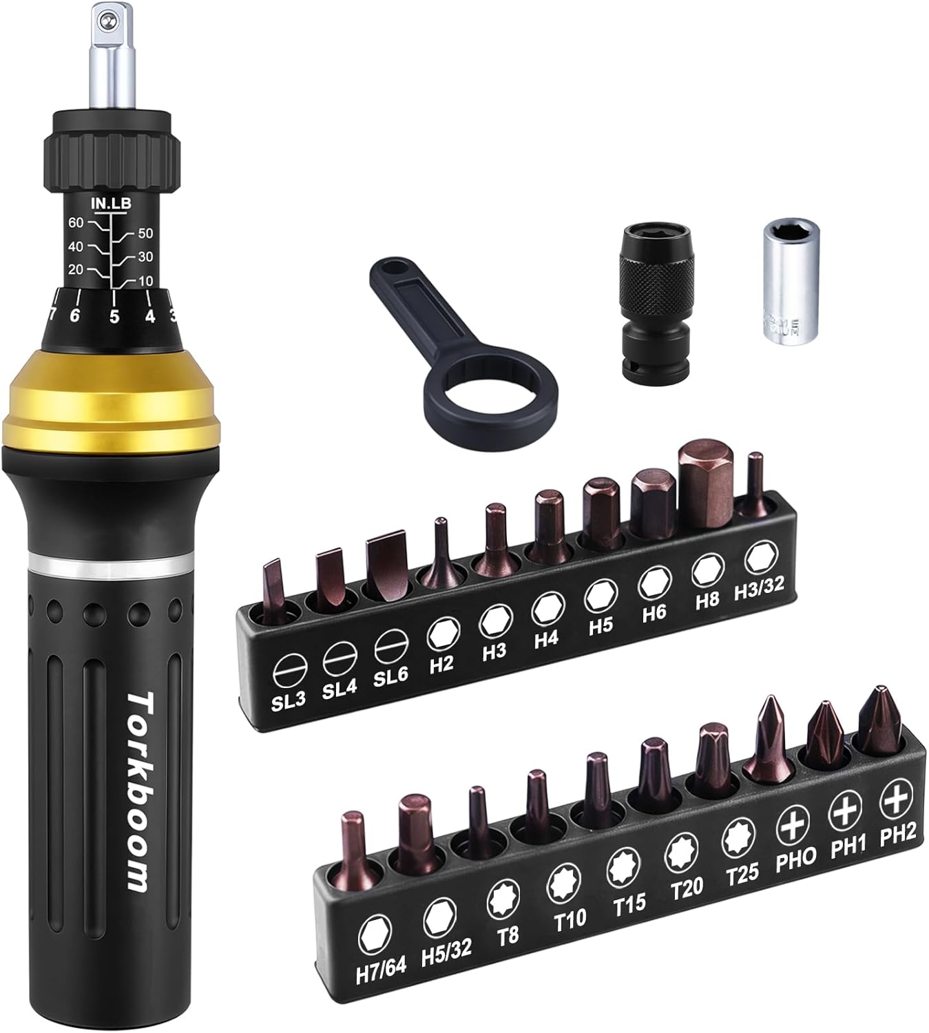 Torque Screwdriver Set 10-60 in.lb, Torque Screwdriver Set for Gunsmithing with Bit Holder, Adapter, Flat, Hex, Torx and Philips Bits, Suitable for Gunsmithing, DIY, Bicycle Maintenance