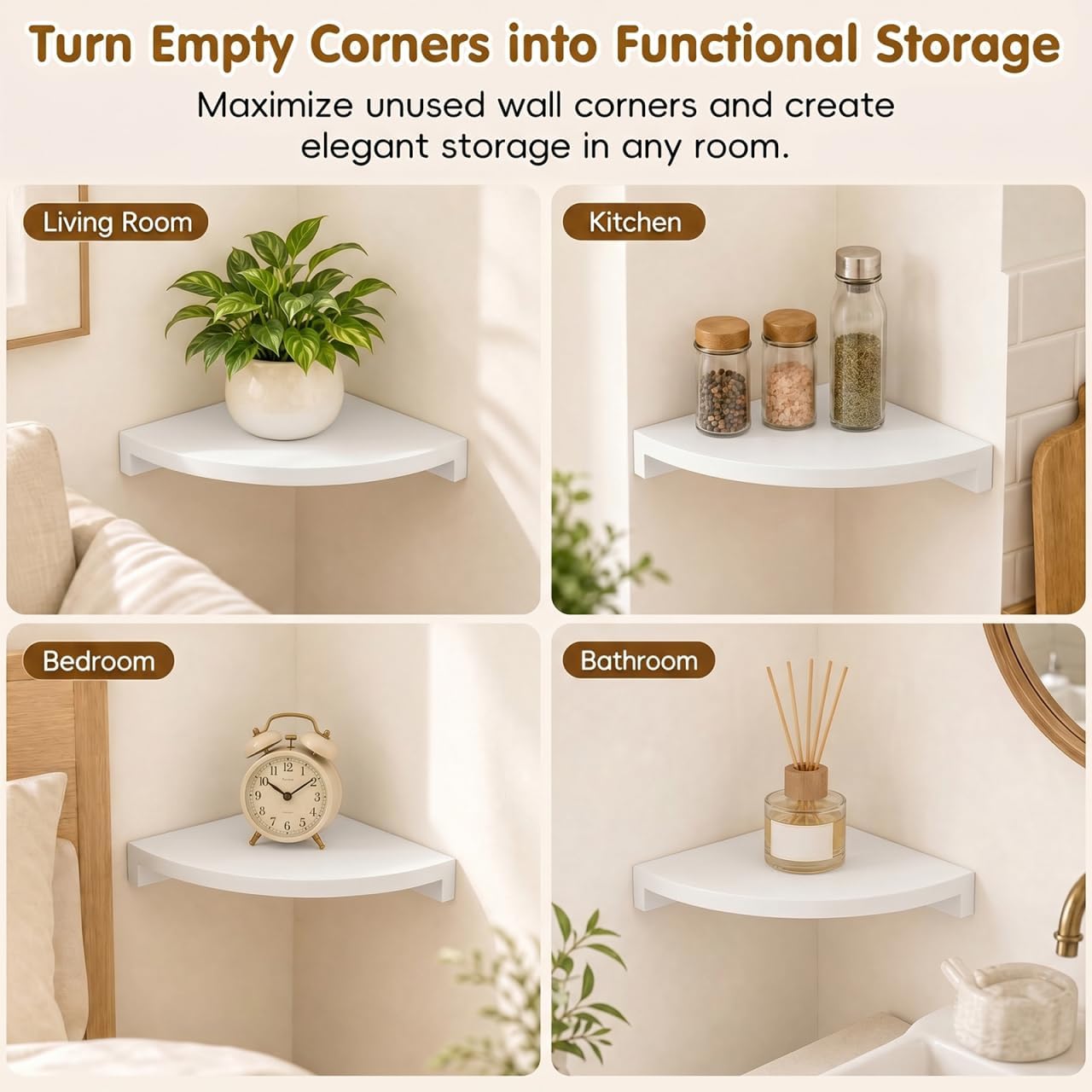 Alipis Natural Wood Corner Shelf Wall Mounted, Dual-Fortified Floating Corner Shelves for Wall Storage, Round End Sector Display Bookshelf for Bedroom Living Room Kitchen Plant (White, 7in 2P)
