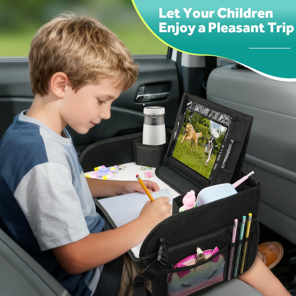 Set combinato 1 Vassoio da Viaggio e 1 Protezione Sedili Auto,Tavolino Auto Bambini, Vassoio Portatile per Tablet, Studiare/Disegnare in Macchina per Ragazze e Maschi (Pacchetto Combinato Nero)