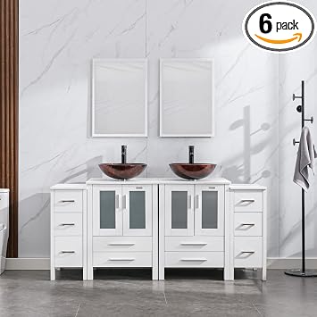 eclife 72" Modern Bathroom Vanity Sink Combo Freestanding Cabinet with Small Side Cabinet, Brown Round Glass Vessel Sink, Water Save Faucet, Drain White+A09