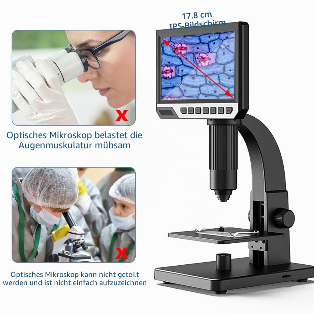 Digitales Mikroskop mit LCD-Display 7 Zoll (17.8 cm) Doppelobjektiv, 500 – 2000 X Kamera mit 12 MP und 32 G TF-Kamera mit 11 LEDs, tragbar, für Wissenschaft und Biologie, Schule und Suche