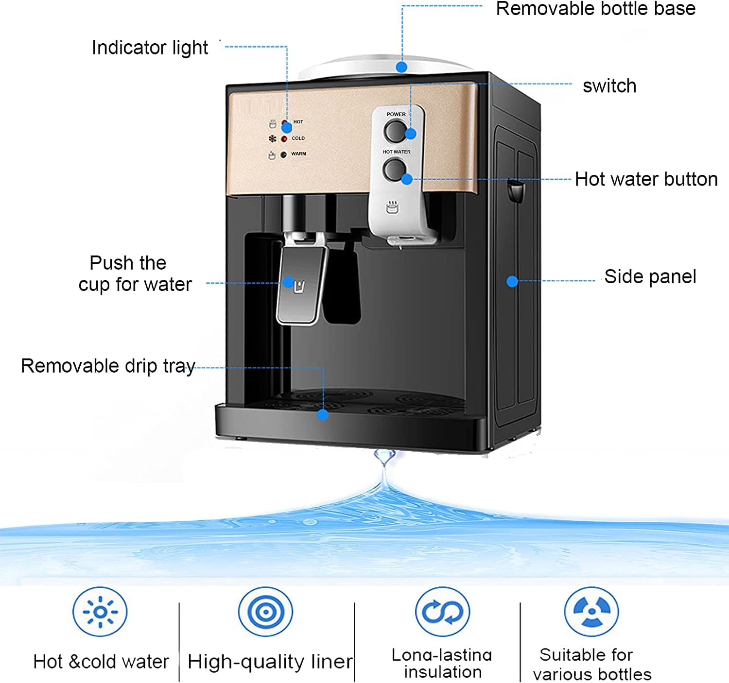 Distributeur d'eau chaude et froide électrique, à chargement par le haut, distributeur d'eau pour le bureau à domicile, pour seau d'eau de 3,5 à 18,9 litres, 550 W, noir