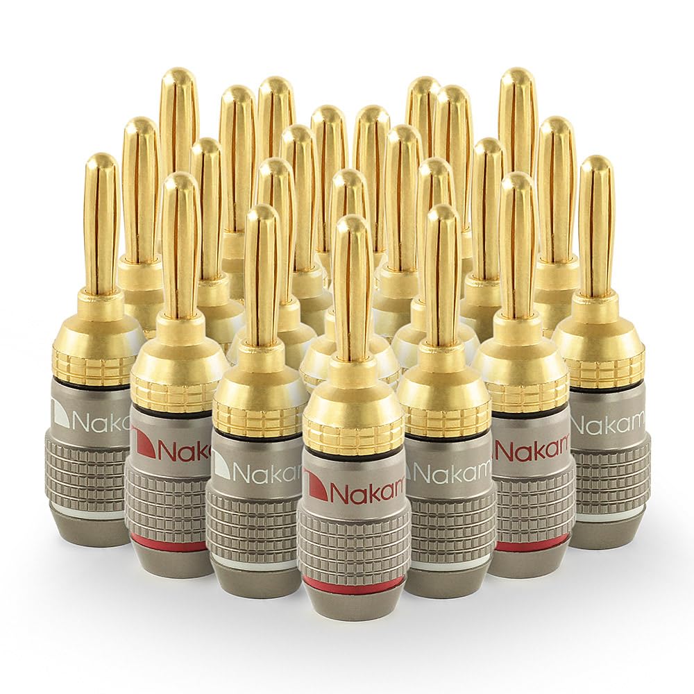 Nakamichi FanLock 24K Enchufe de banana chapado en oro 10 AWG - 18 AWG calibre 4 mm para Altavoces Amplificador Receptor AV Estéreo Teatro en Casa Cable de Audio Conector, 24 piezas (12 pares)