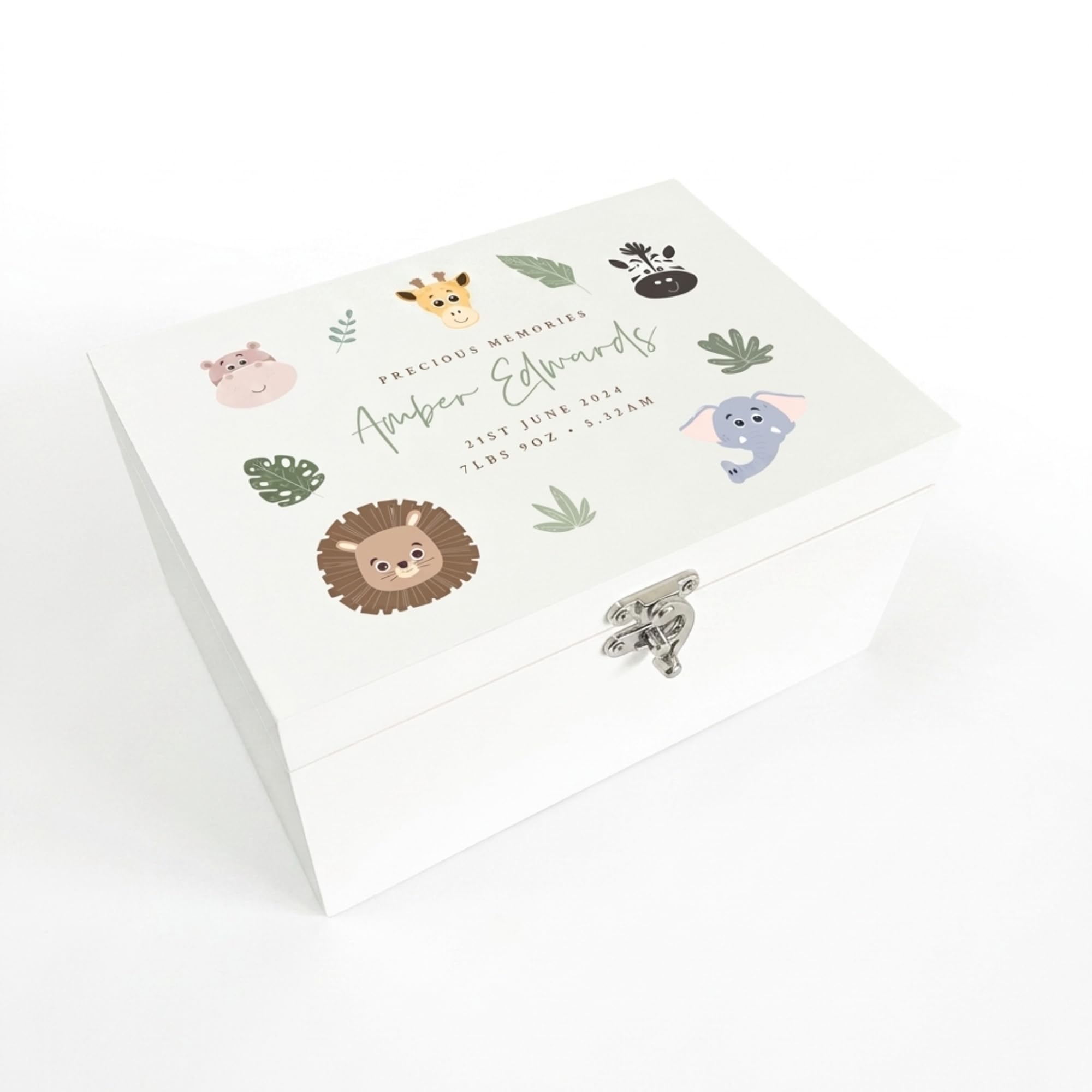 Caja de recuerdos personalizada de madera blanca con animales de la selva | Baby Shower, nuevo bebé | 27 x 19 x 14 cm