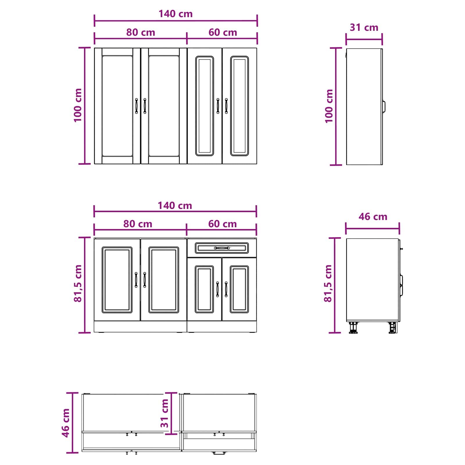 4-teilige Küchenzeile Küchenblock Grau Sonoma Holzwerkstoff | Modernes Küchenschrank Set für die Küche oder Ferienwohnung mit viel Stauraum und flexibel verstellbaren Füßen.