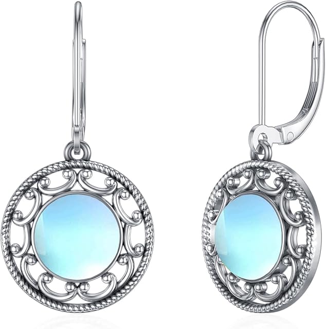 LONAGO Filigree Earrings 925 Sterling Silver Simulated Malachite Moonstone Dangle Earrings Jewelry for Women