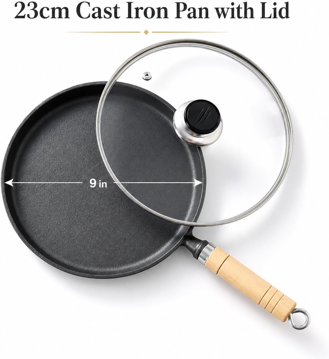 Banh Xeo Pan with Lid – 9 in (23cm) Cast Iron Vietnamese Pancake Pan, Low-Sided Crepe Pan with Wooden Handle, Flat Dosa Tawa and Tortilla Comal for Home Cooking, Stovetop Breakfast