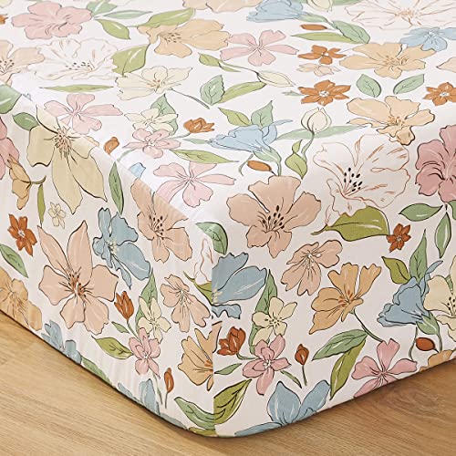 Image of Brandream Crib Bedding Set for Girls 6 Pieces Floral Baby Nursery Bedding Set with Enchanting Blossoms Flowers,Blush Pink Yellow Green Garden Farmhouse Chic Cotton