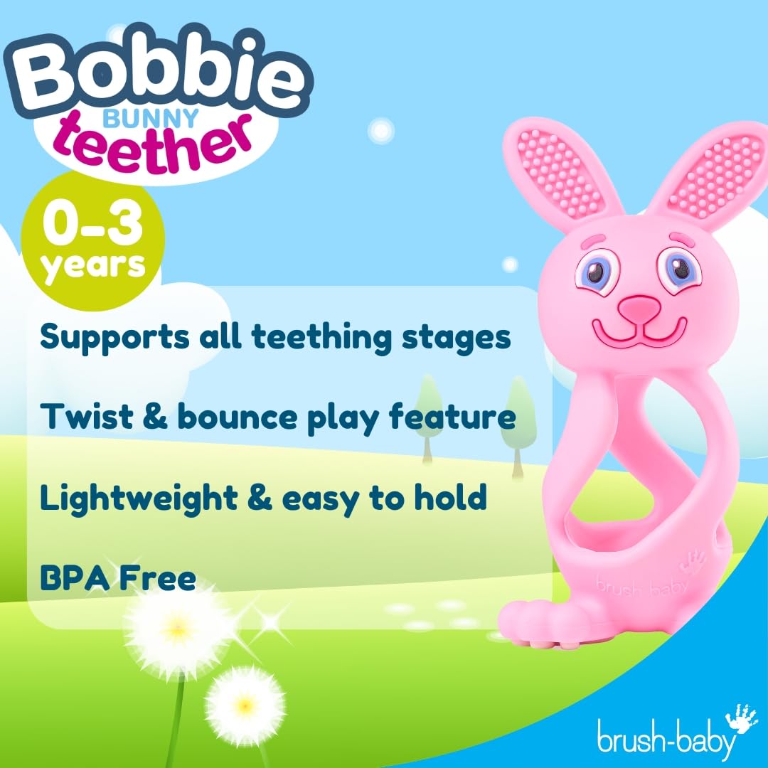 Brush-Baby, Bobbie Bunny Teether Toy, Rose Pink, Fun, Engaging, Sensory Teething Toy for Babies 0-3 Years, BPA Free - Image 3