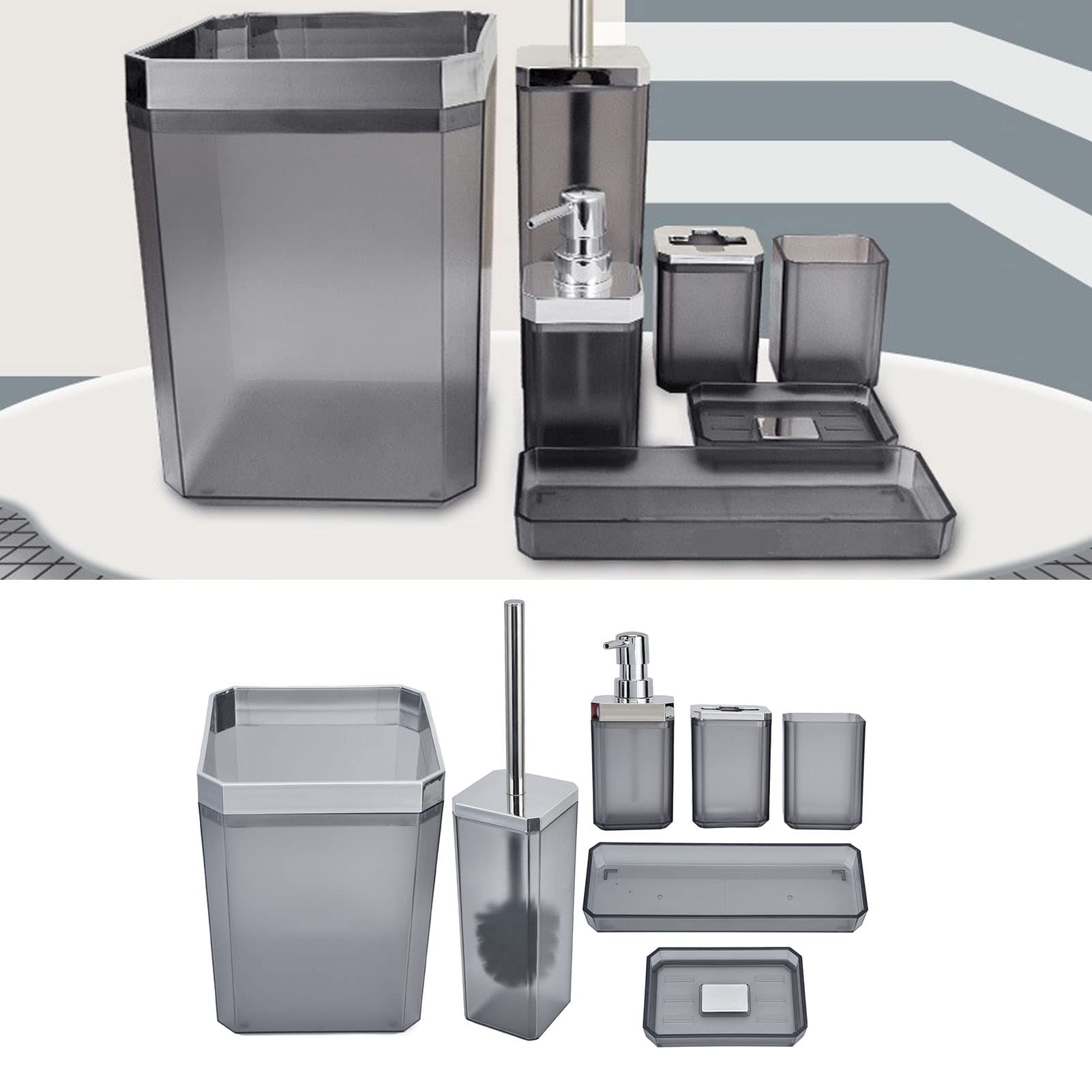 Juego de accesorios de baño de 7 piezas, dispensador de jabón, soporte para cepillo de dientes, taza de dientes, bandeja de jabón, soporte para cepillo de inodoro, cubo de basura, diseño de spa