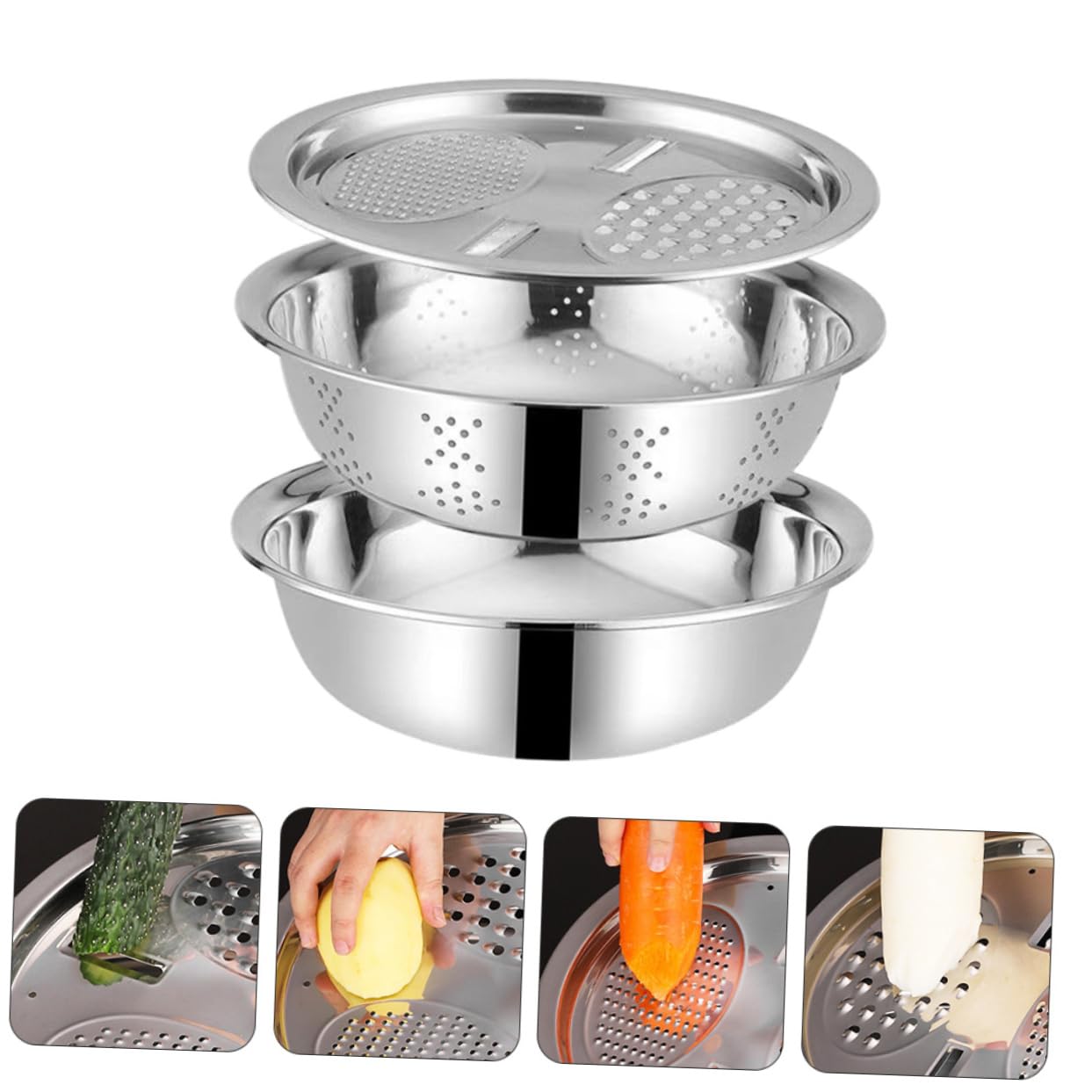 Colador de Verduras y Frutas de Acero Inoxidable 3 Piezas Diseño de Drenaje Adecuado para Cocina y Amasado Estilo Aleatorio