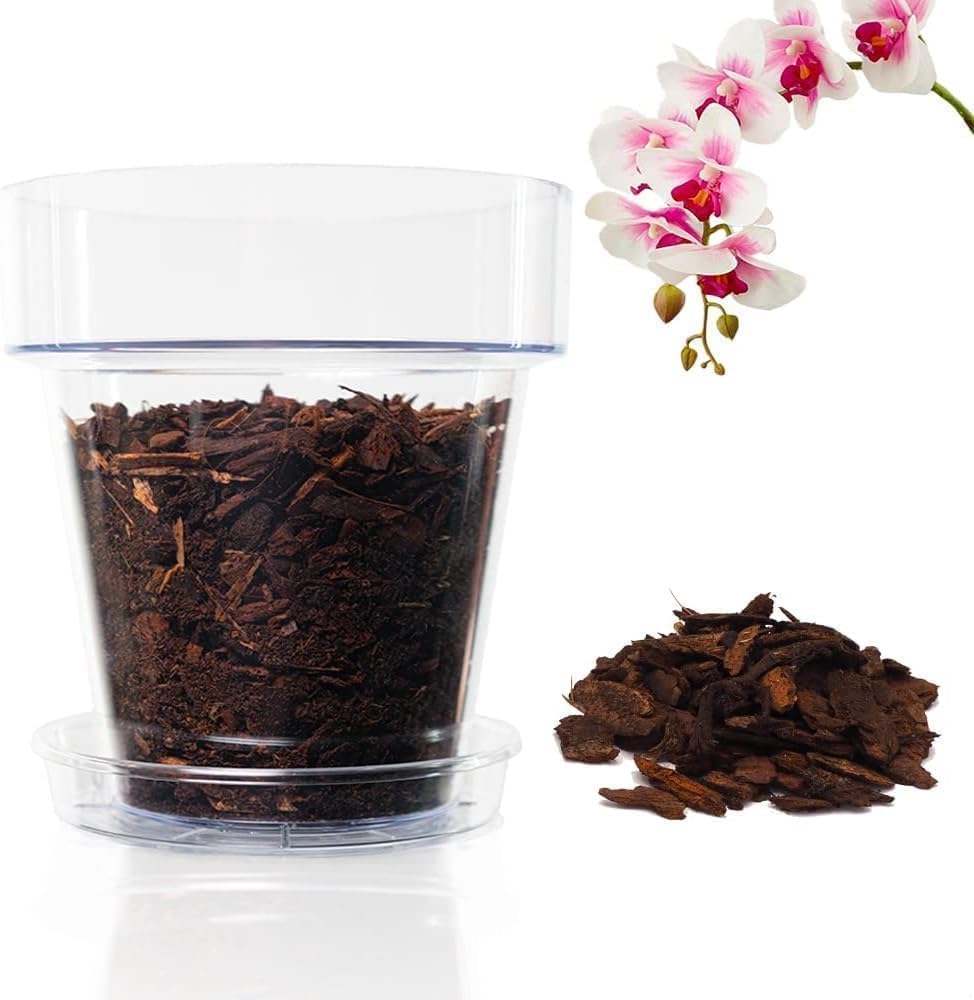 Kalapanta Kit para Trasplantar Orquídeas: 1 Maceta Transparente Ø16cm con Agujeros de Drenaje, 1 Plato Ø14cm, 1 Saco de 2L de Tierra específica para Orquídeas