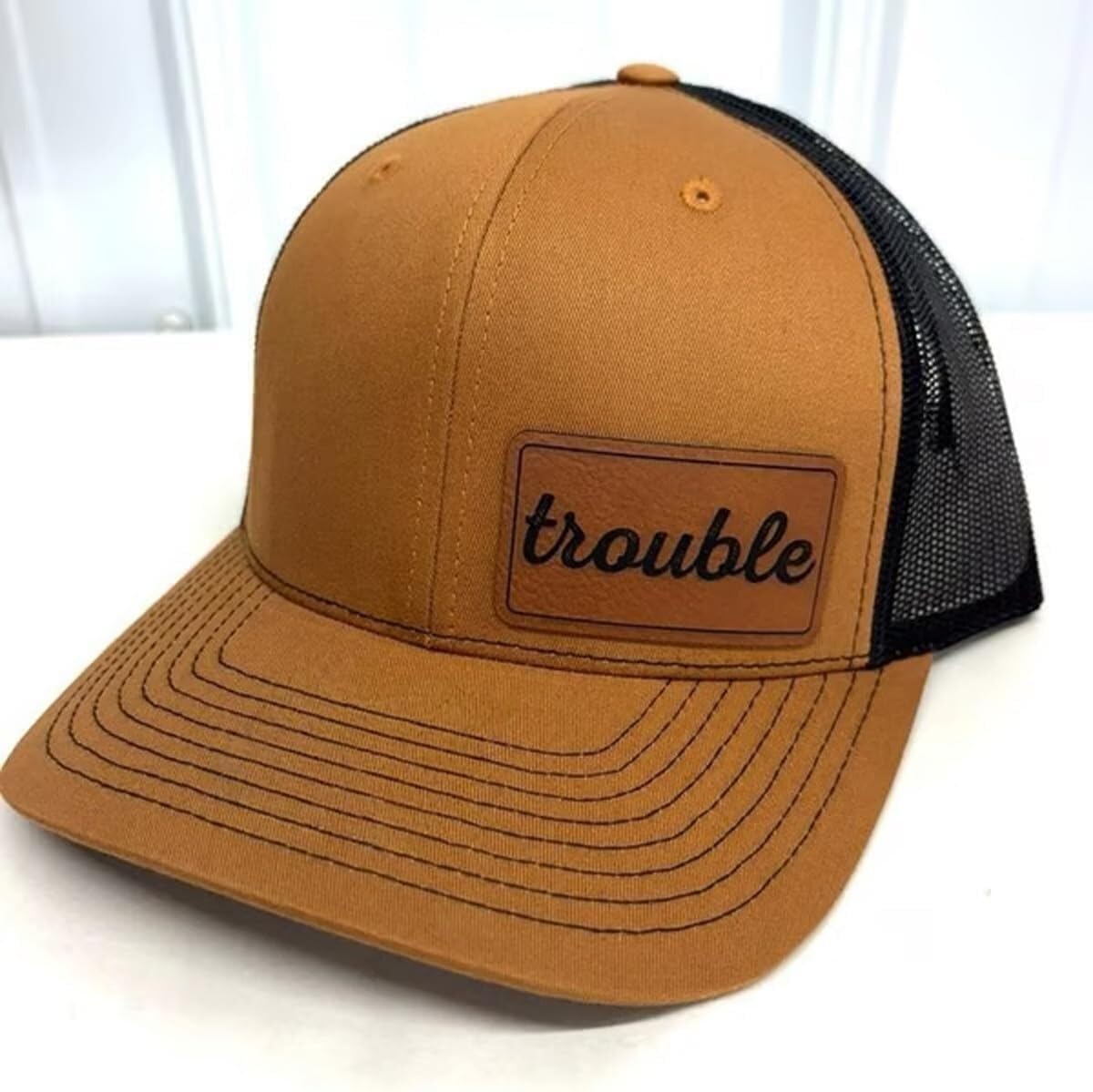 Trouble Hat Set, 2-Pack Where I Go Trouble Follows Matching Hats, Funny Trucker Hats with Faux Leather Patches - Image 2