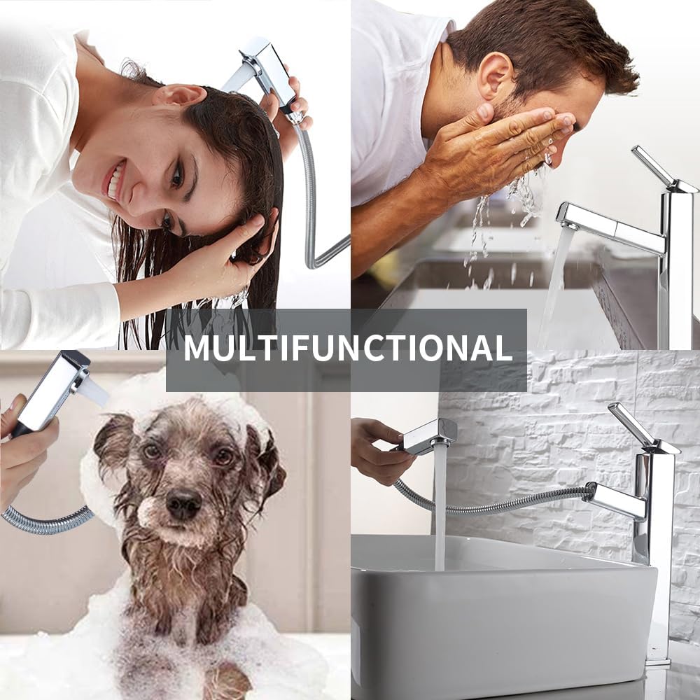 KAIYING Bathroom Pull Down Vessel Sink Faucet, Lavatory Single Hole Basin Sink Faucet with Pull Out Sprayer, Single Handle Utility Mixer Tap with Rotating Spout (Tall, Chrome)