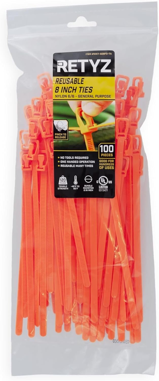 RETYZ 8-Inch Natural Reusable Releasable Cable Ties – 100 Pack, 120 lb Strength, Patented Quick-Release, Heavy-Duty Design for Industrial and Commercial Use