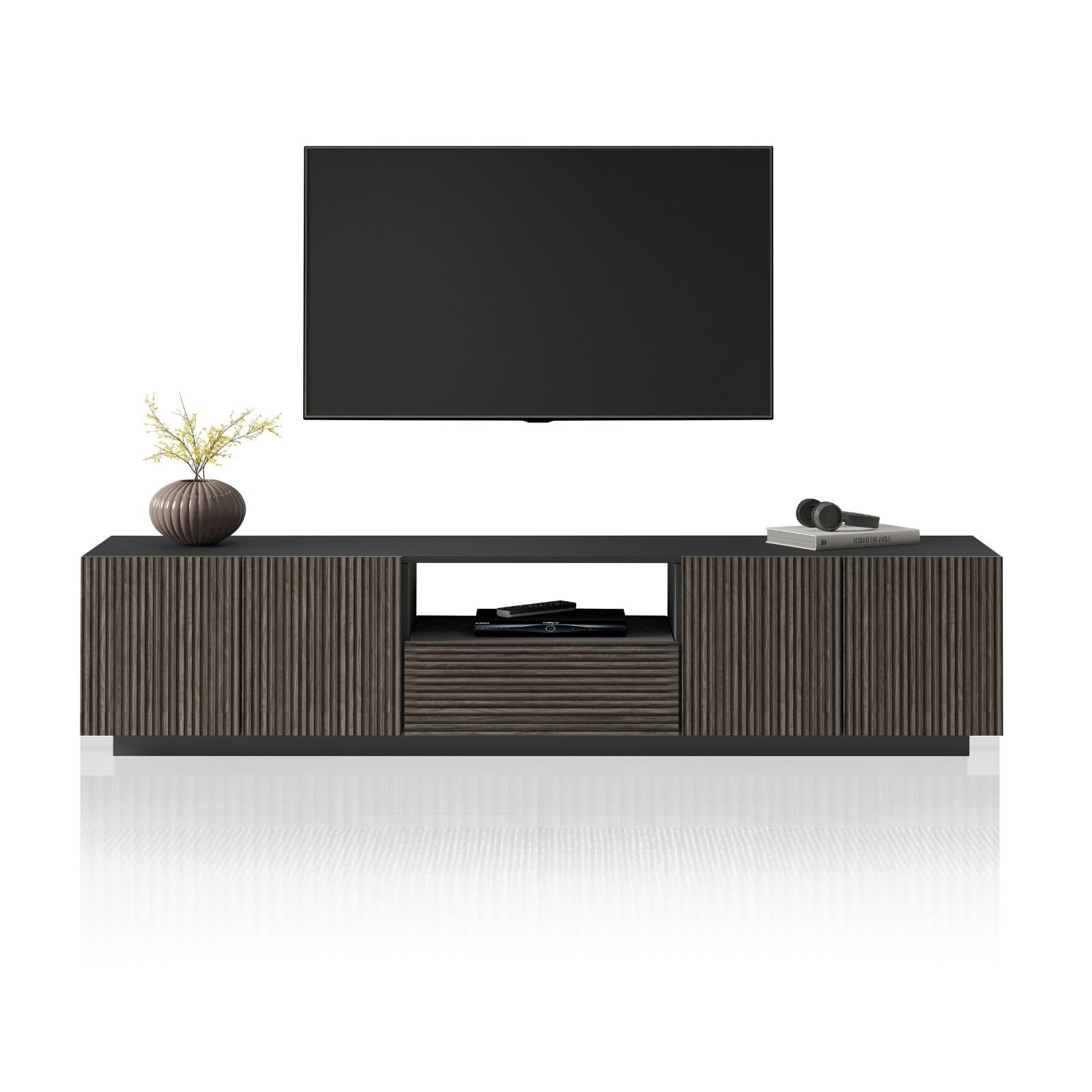 WHOUS Mobile Porta TV COSTE per Soggiorno con 4 Ante e 1 Cassetto, Mobile Tv in Stile Canneté per Salotto in Legno, 220,1x43x46 cm, Antracite Opaco e Legno Scuro