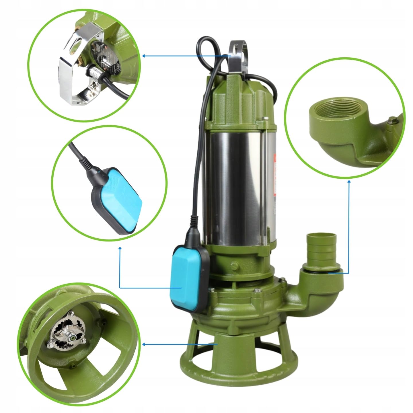 Schmutzwasserpumpe MORO 1100R mit Doppelschneidwerk (1100 W, 20.400 l/h, max. Förderhöhe 12 m) – Profi Tauchpumpe mit Zerkleinerer - Fäkalpumpe für Abwasser und Klärgruben - mit Schwimmerschalter