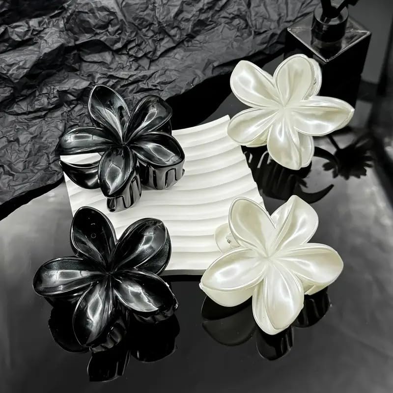 2Pcs Elegant Acrylic Floral Hair Claw Set, Large Flower-Shaped Hair Clips, Solid Color, Minimalist Hair Accessories for Teens and Adults (Black & White)