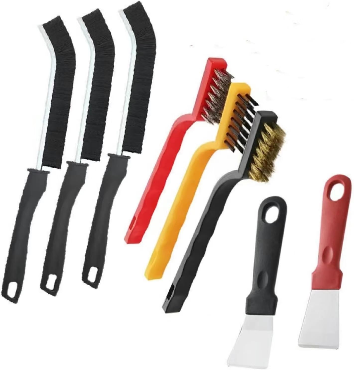 8Pcs Multicolour Kitchen Stove Cleaning Brush+Heavy Duty Scraper Tool Set for Gas Burners Cooktop Pot Pan Brass,Stainless Steel and Nylon Brush Head Brushes for Range Hood Grease Grime,Cleaning Tools