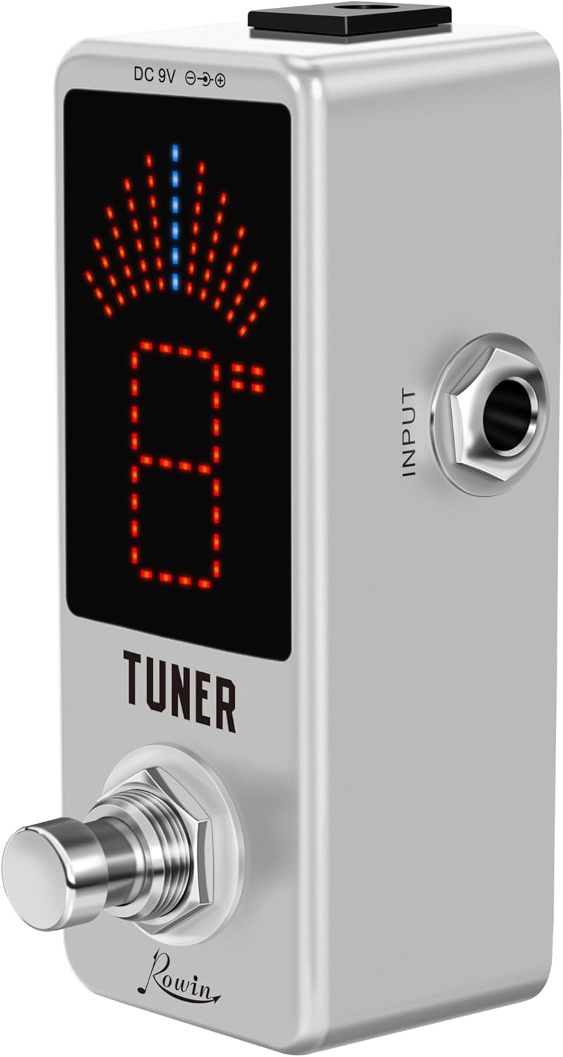 Rowin LT-910 Chromatic Tuner Pedal connected with instrument cables, ready for use.