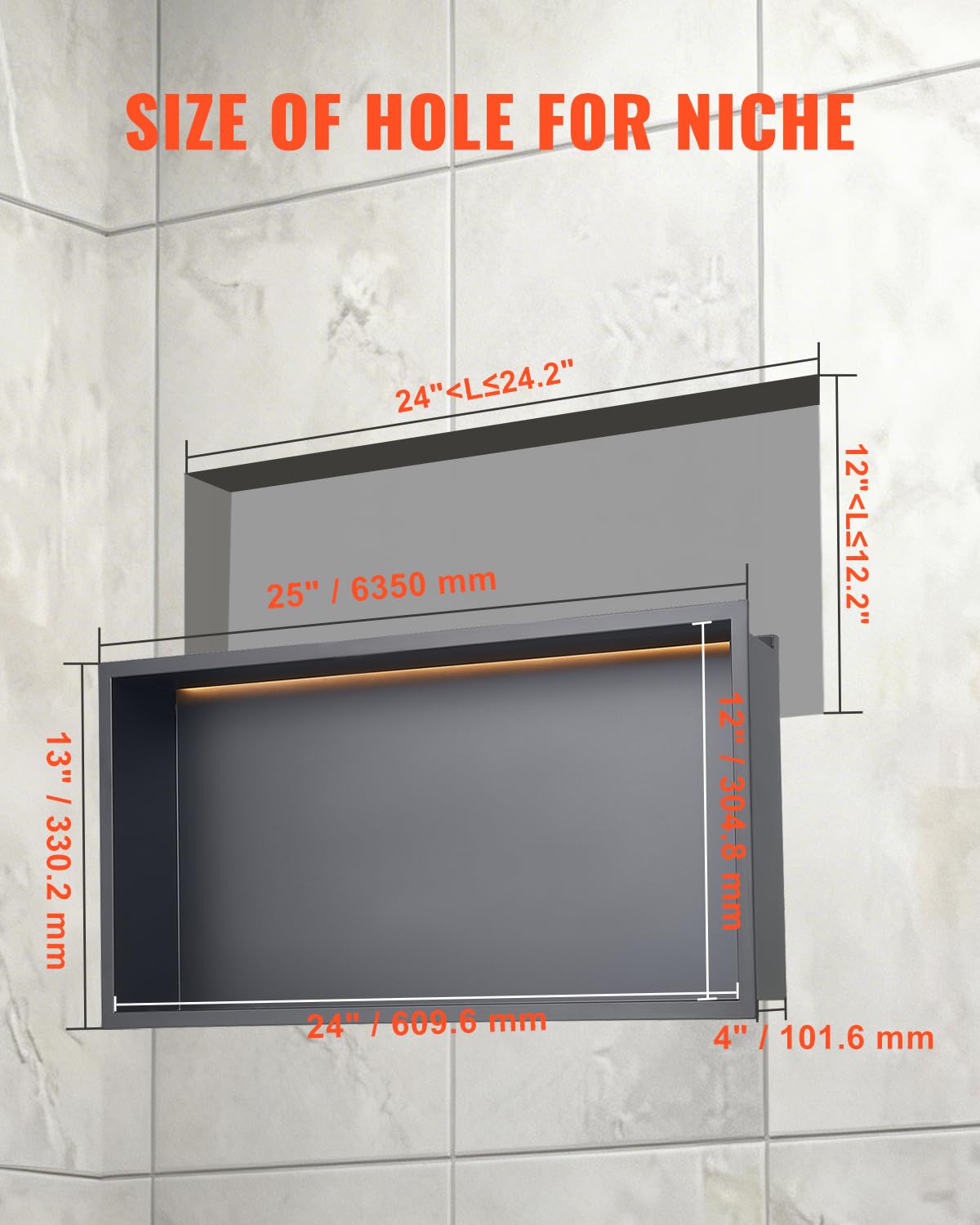 VEVOR Nicchia per Doccia, 33,0 x 63,5 x 10,2 cm, Nicchia in Acciaio Inossidabile da Incasso a Parete con Striscia LED, Porta Sapone e Shampoo, Sigillato Impermeabile, Singolo Strato, Nero
