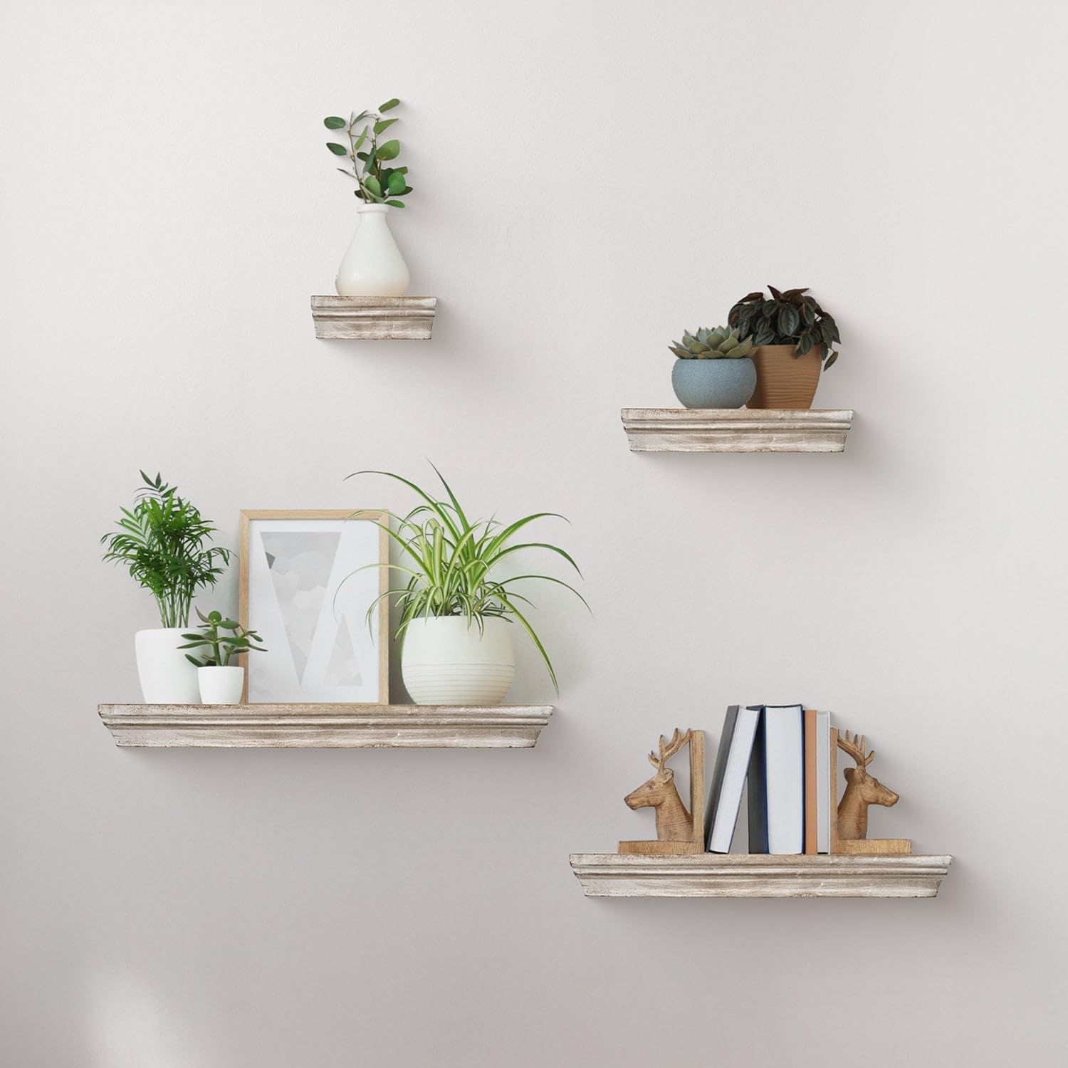 American Art Decor Whitewashed Wood Floating Wall Shelves with Crown Molding - White - Set of 4 for Living Room, Bedroom, Kitchen, & Laundry Room - Farmhouse Wall Shelves