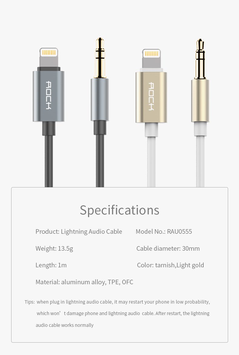 rock 1000mm lighting to3.5mm audio cable ,for apple cable enjoy cable AUX Audio cable for iPhone 7/7 plus JACK Male to lighting Universal Gold Plated Auxiliary Audio Stereo Cable Cord Device(white color)