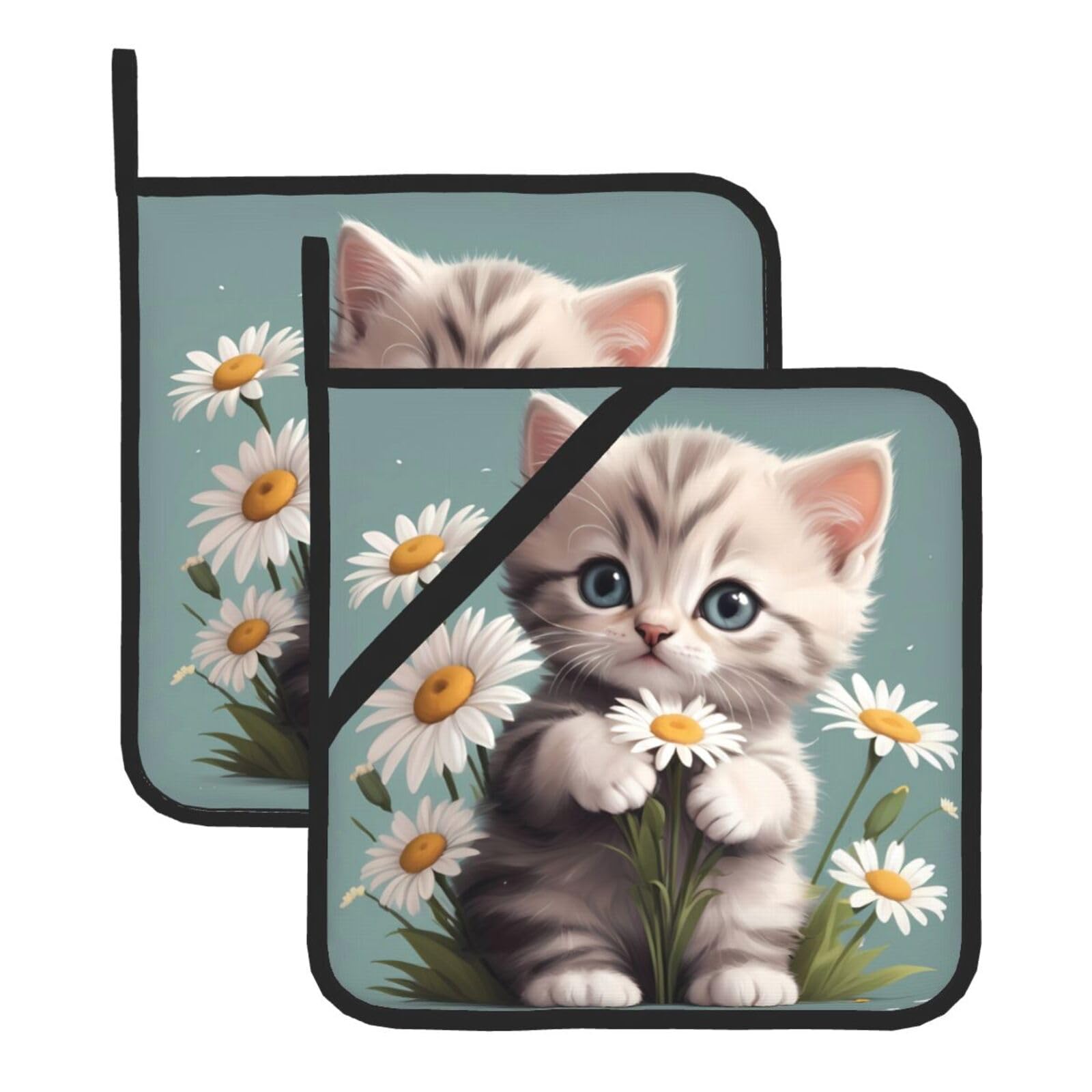 HJFCZH Kitten Holding Daisies Printed Square Insulated Pot Mat Set (2-Piece) 8x8in Waterproof, Thickened & Easy to Clean with Lanyard Design for Kitchen, Oven & BBQ