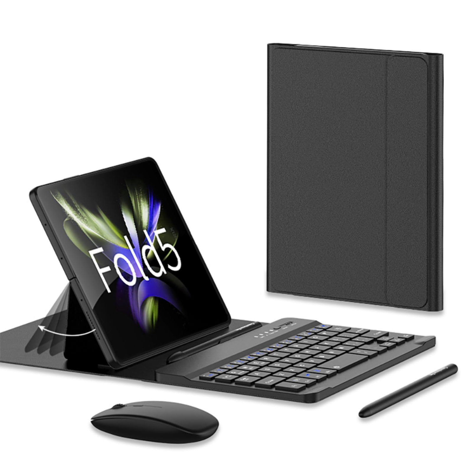 COQUE Kit accessori per ufficio mobile Samsung Galaxy Z Fold 5,tastiera silenziosa del telefono/mouse Bluetooth/penna touch+slot penna/kit ufficio custodia in pelle pieghevole-Nero