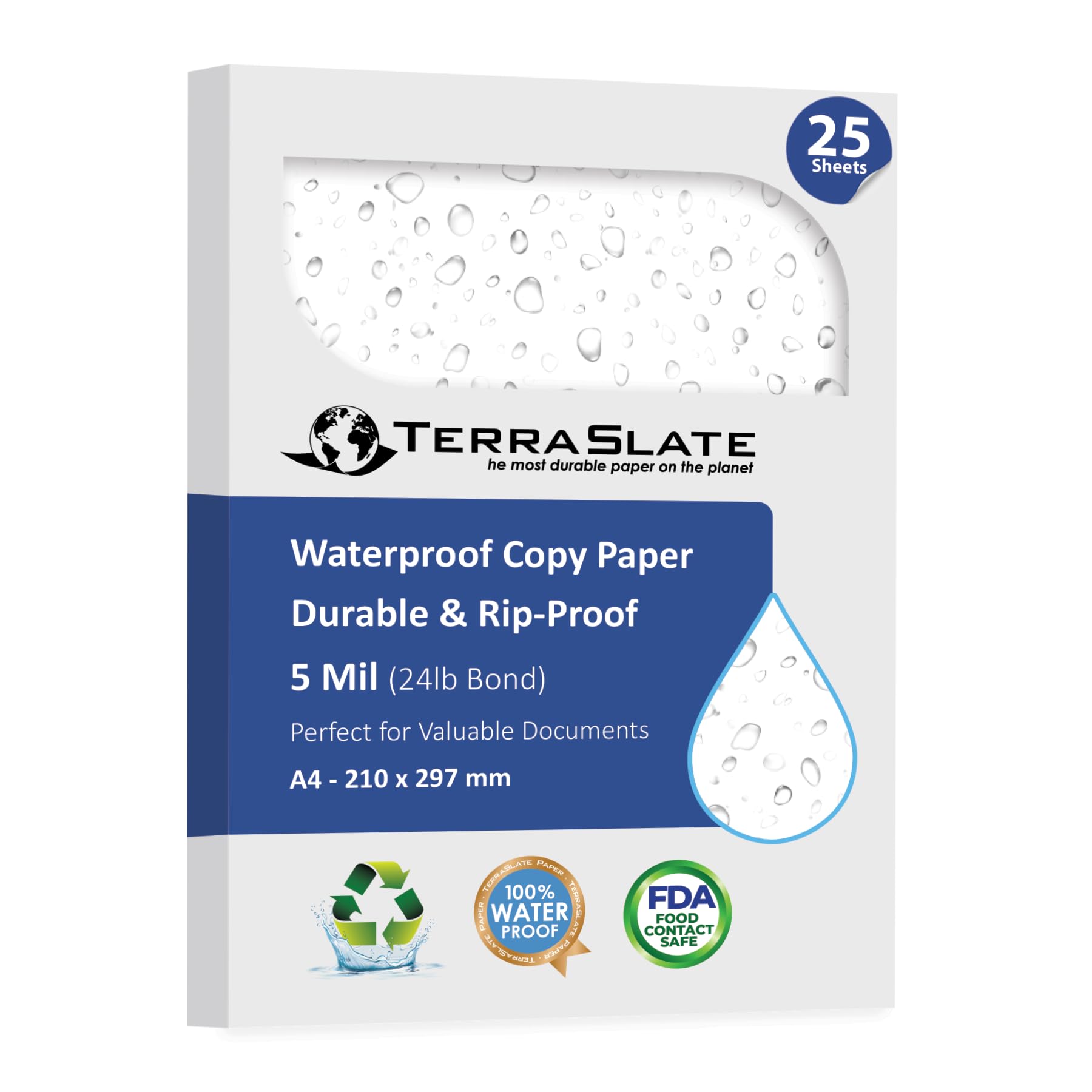 TerraSlate Waterproof Laser Printer Paper – Rip-Proof, Weatherproof, 5 Mil (24lb Bond), A4 Size 210 x 297 mm, 25 Sheets, White, Synthetic Paper for