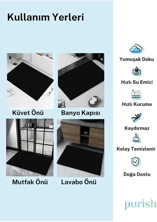 Sihirli Su Emici Banyo Paspası Kaymaz Tabanlı Abdest Paspası Siyah Renk