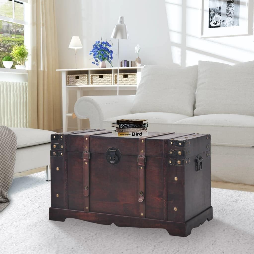 Large Brown Wood Portable Chest with Antique Finish, 25.98 x 14.96 x 15.7 in Storage Chest with Lid, Multifunctional Storage Trunk for Bedroom and Living Room Organizer
