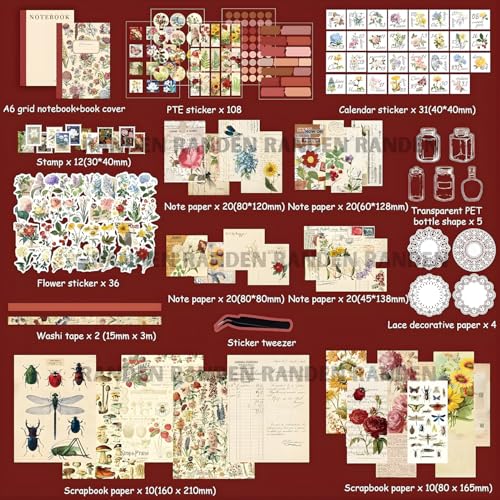Image of RANDEN Flower Journaling Kit, 346PCS Vintage Scrapbook & Stationery Set with Aesthetic Stickers, Ephemera Pack and Journal Supplies for Bullet Journals, Planners, Albums & Creative Crafts (Flower)