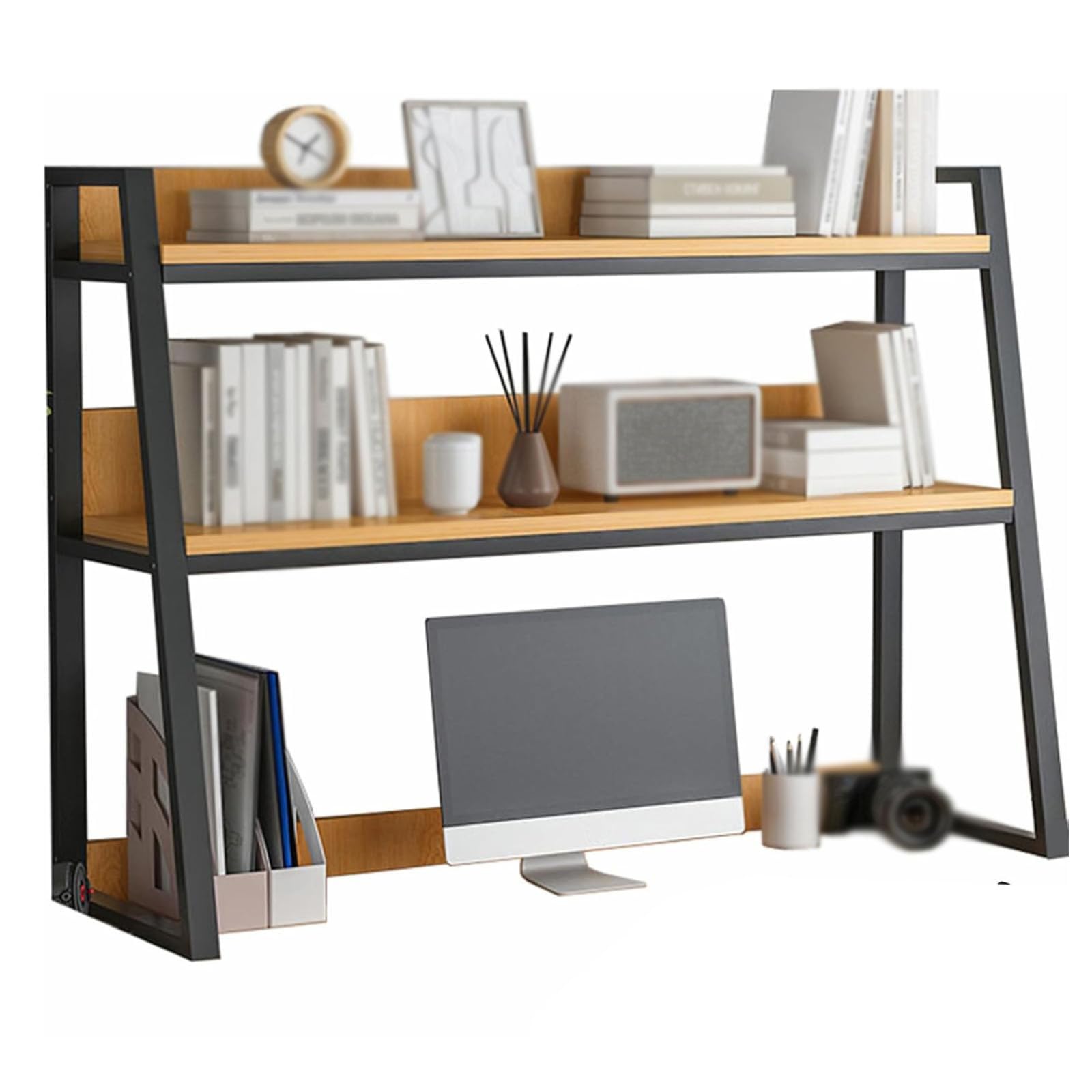 2-Tier Dorm Desk Hutch,Ladder Desktop Bookshelf,2-Tier Computer Desktop Bookcase,Desk Hutch Top Only，Organizer Shelf,Multipurpose Display Rack (Black,