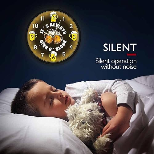 Miniatura 6 de Beer o'Clock - Reloj de pared de taberna con control de sonido, luz LED, amantes de la cerveza, bebedor de cerveza, marco de metal, funciona con