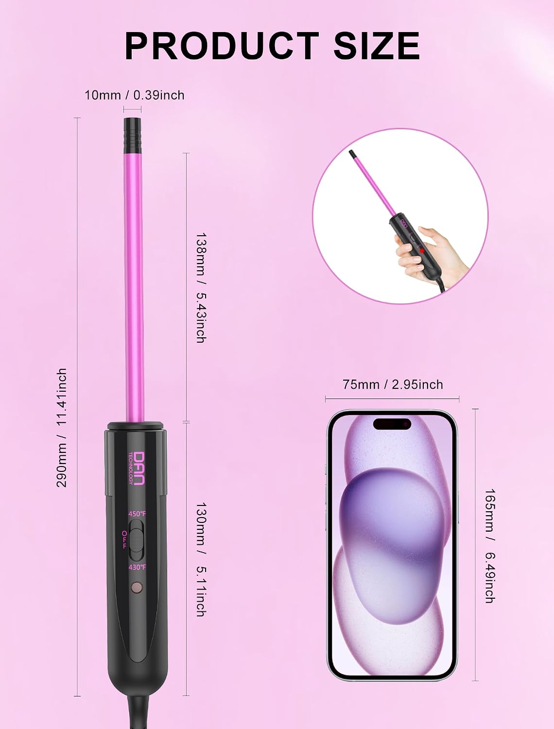 3/8 Inch Ceramic Small Curling Wand for Short Hair, 9mm Small Curling Iron