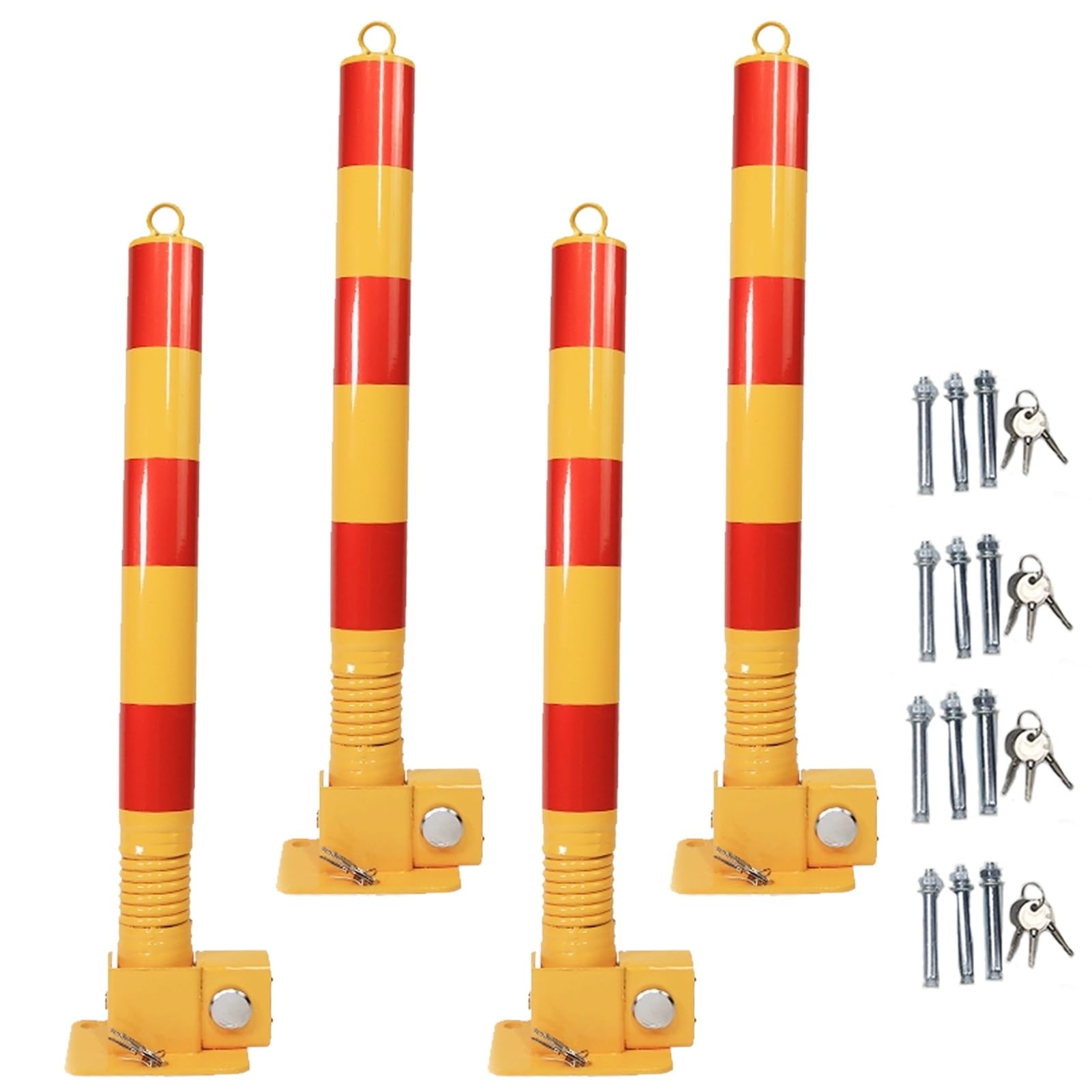 Hczkiujy Yellow Heavy-Duty Steel Parking Bollard With Reflective Strips For Driveway Security And Traffic Control ( 4Pcs)