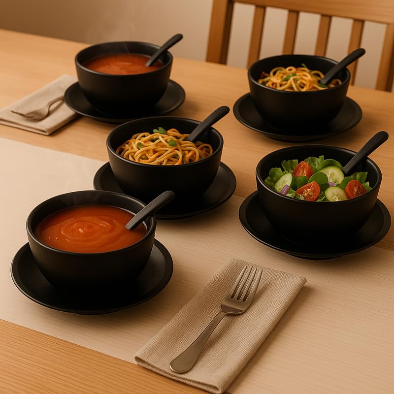 Image of Ariya Melamine Soup Bowl Set of 6 (Black /Plain, 350 ml) with Spoon & Saucer|Microwave & Dishwasher Safe|Premium Serving Bowls for Soup, Noodles, Cereal, Pasta & Oatmeal|Durable,Serving Bowls Sets
