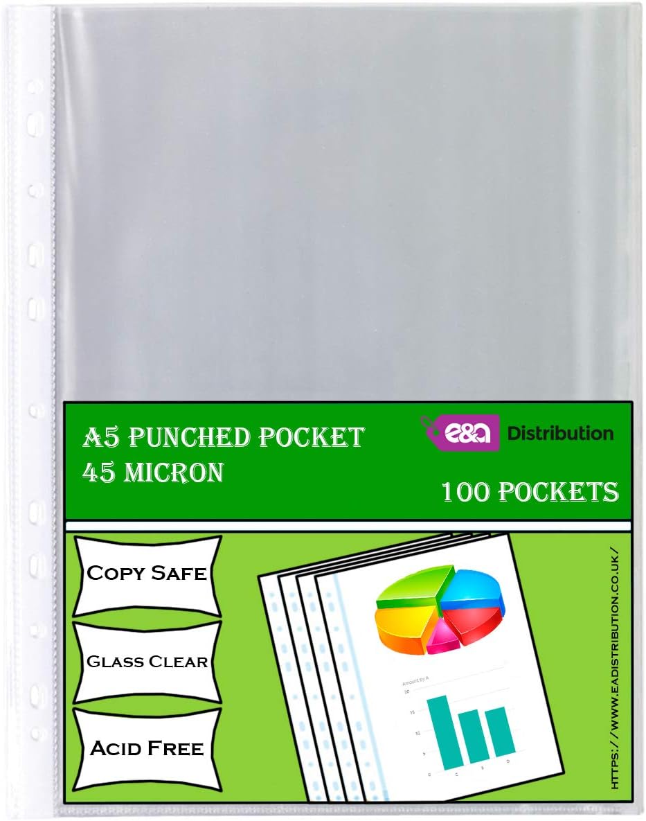 A5 Clear 100 Punched Pockets Strong Poly Plastic Sleeve Wallets 45