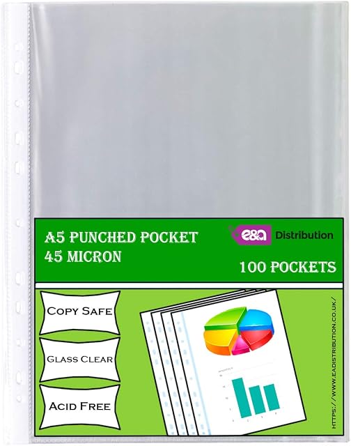 A5 Clear 100 Punched Pockets Strong Poly Plastic Sleeve Wallets 45 Micron