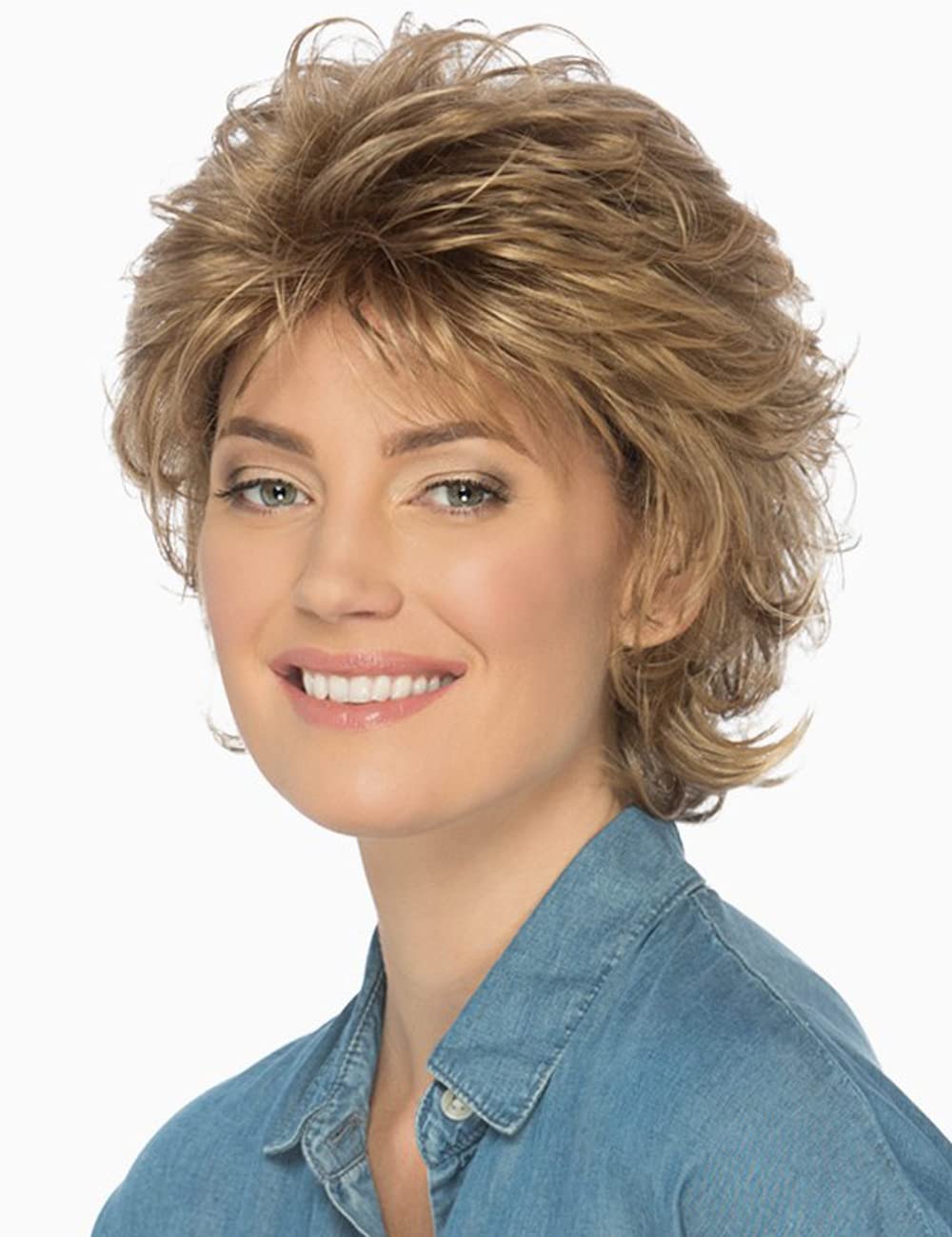 TISHINING Pixie Cut Short Hair Wigs for White Women Blonde Mixed Brown Wavy Layered Synthetic Wig with Bangs Natural Looking Daily Party Wig