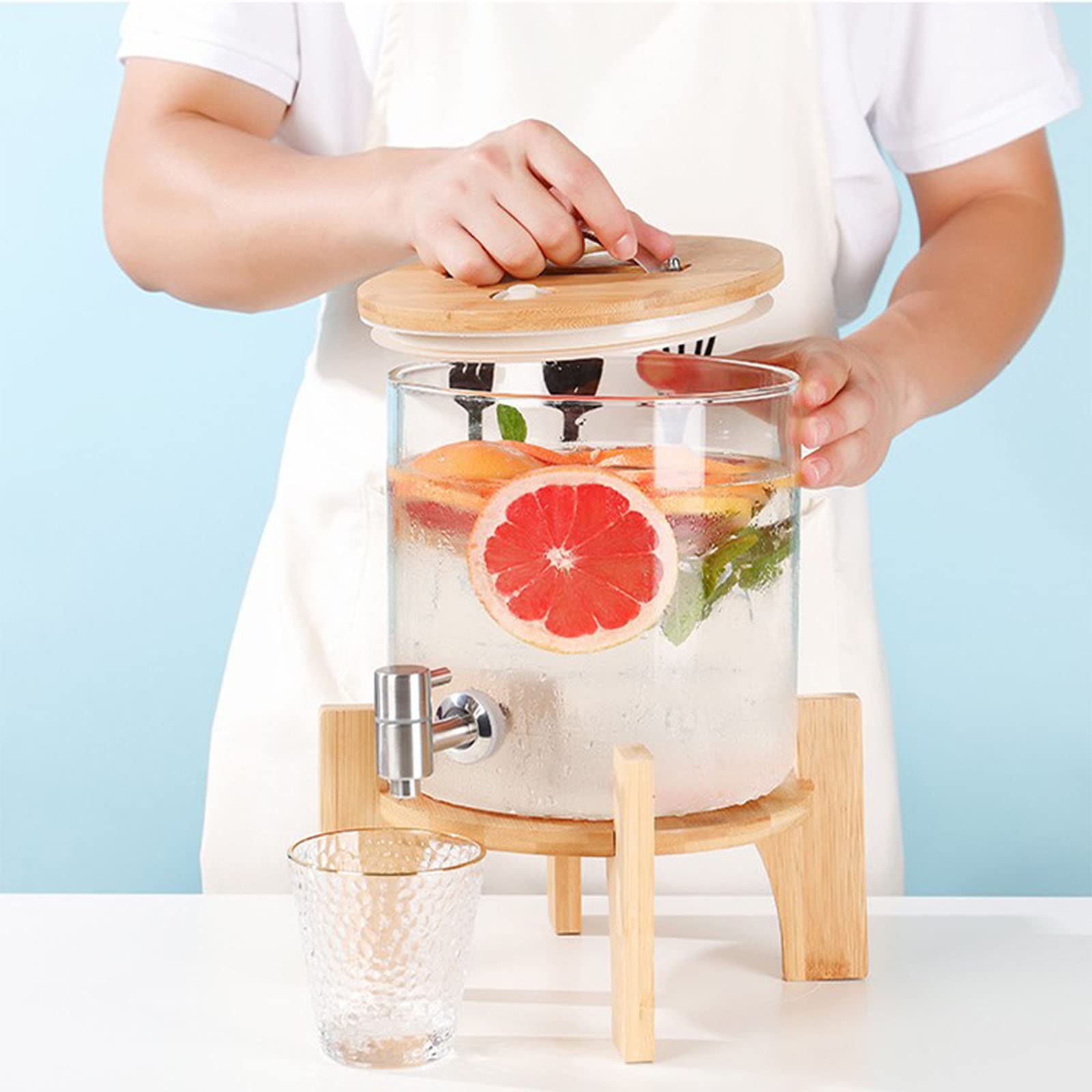 Hiziwimi 4L glazen drankdispenser, waterdispenser met kraan, drankdispenser met kraan, drankdispenser met kraan en standaard, sapdispenser met ijzeren houder, voor poolparty en familiebijeenkomsten