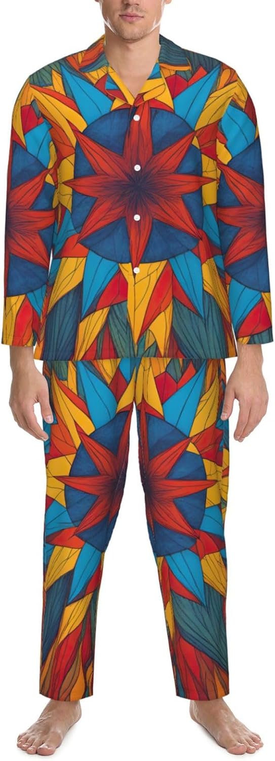 Colorful Star Print Luxurious Mens Pajamas Set,Soft Breathable Pajamas, Perfect For Winter Christmas