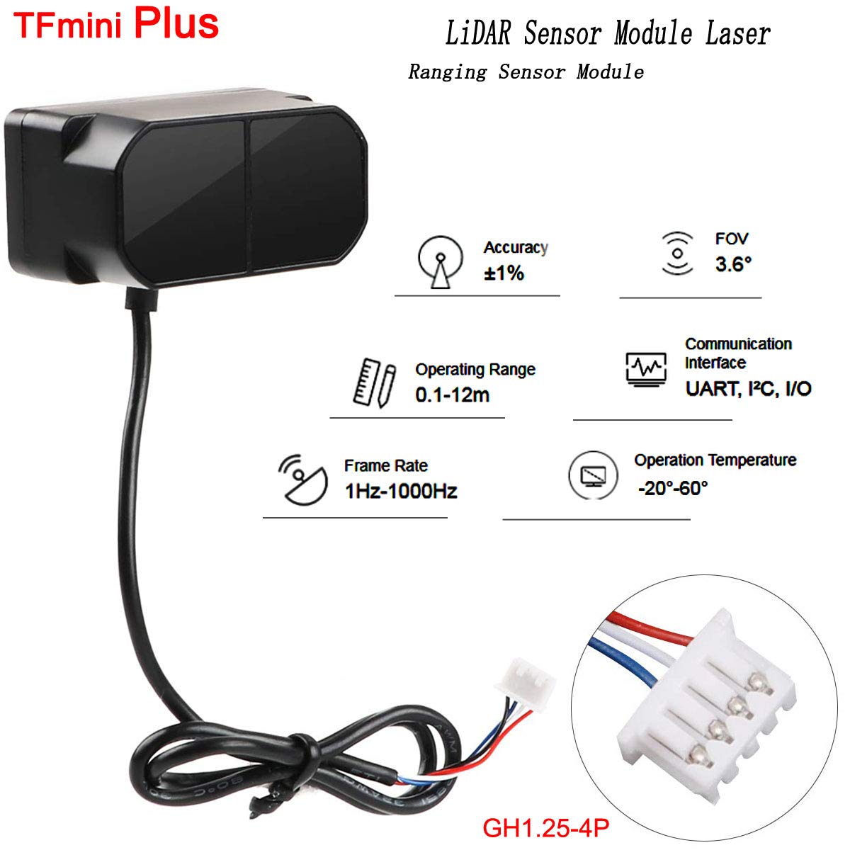 MakerFocus TFmini Plus Li-DAR Module(Short-Range Distance Sensor), Li-DAR Sensor Module Single-Point Ranging Module 0.1-12m Measurement Range Distance Support I/O, UART and I2C