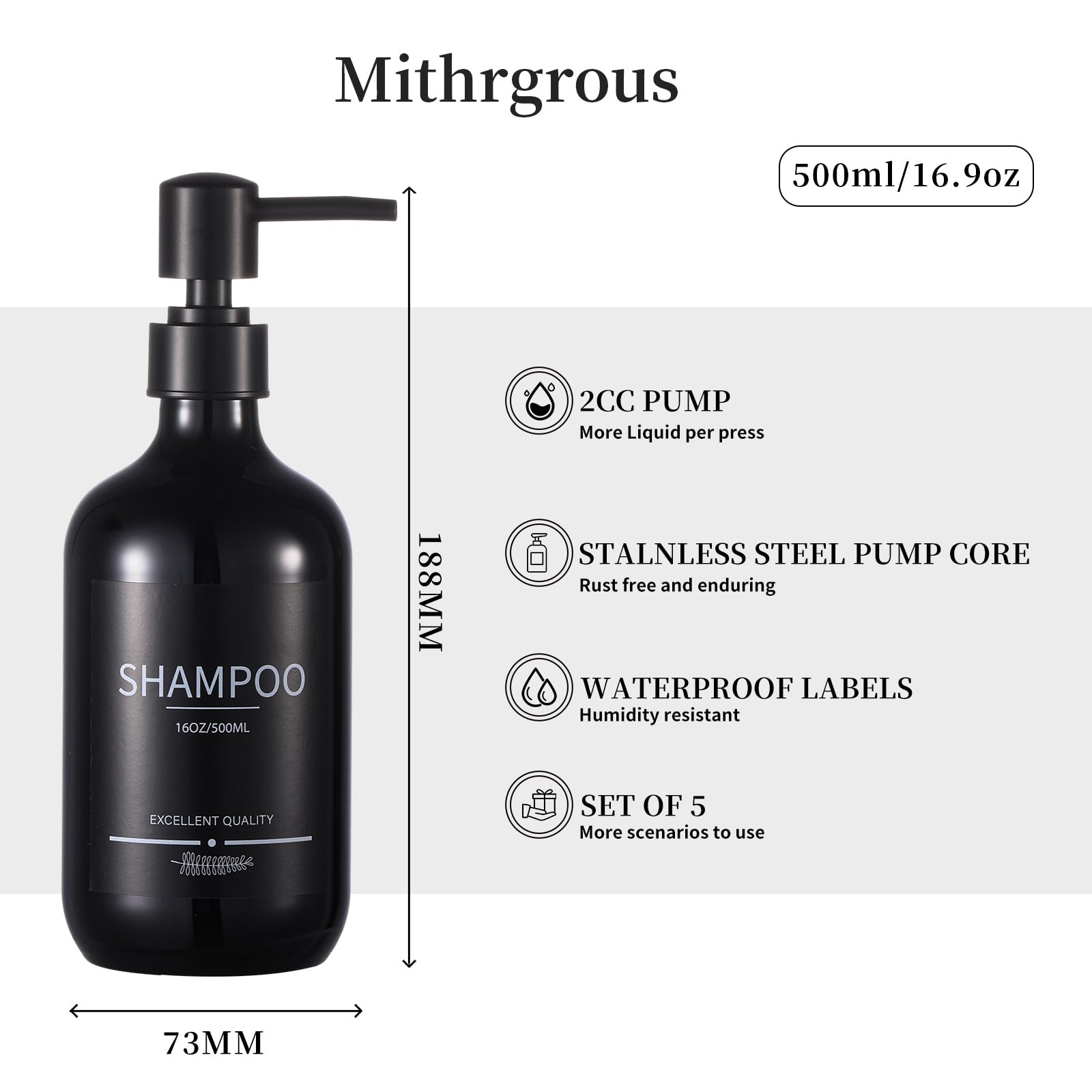 Mithrgrous 5-Piece Refillable Pump Dispenser Bottle Set, 16.9 oz